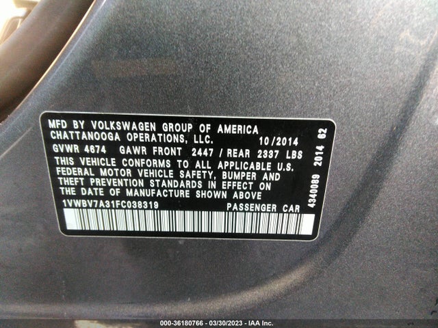 1VWBV7A31FC038319 Volkswagen Passat 2.0l Tdi Se W/sunroof