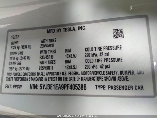 5YJ3E1EA9PF405386 Tesla MODEL 3