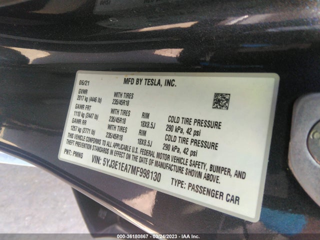 Tesla Model 3 Standard Range Plus 2021 5YJ3E1EA7MF998130 Image 9