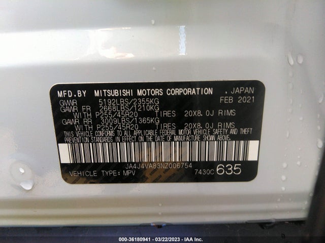 JA4J4VA83NZ006754 Mitsubishi Outlander Sel 2.5 S-awc/sel Launch Edition S-awc/sel Special Edition S-awc