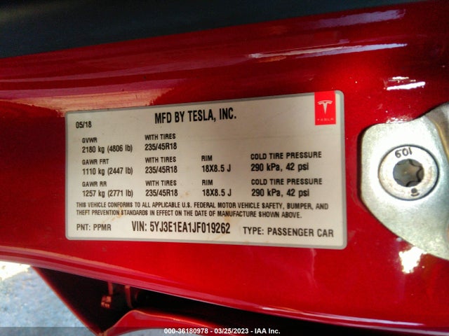 Tesla Model 3 Range Battery 2018 5YJ3E1EA1JF019262 Image 9