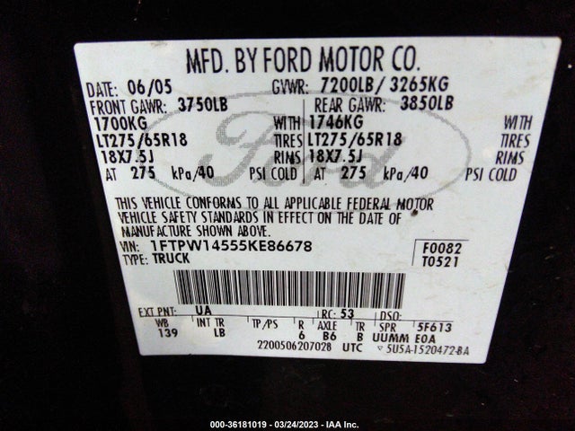 2005 FORD F-150 FX4 VIN: 1FTPW14555KE86678