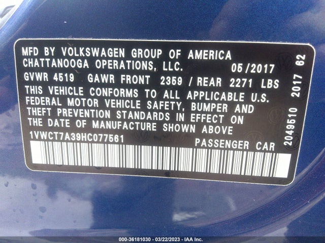 1VWCT7A39HC077561 Volkswagen Passat 1.8t Sel Premium