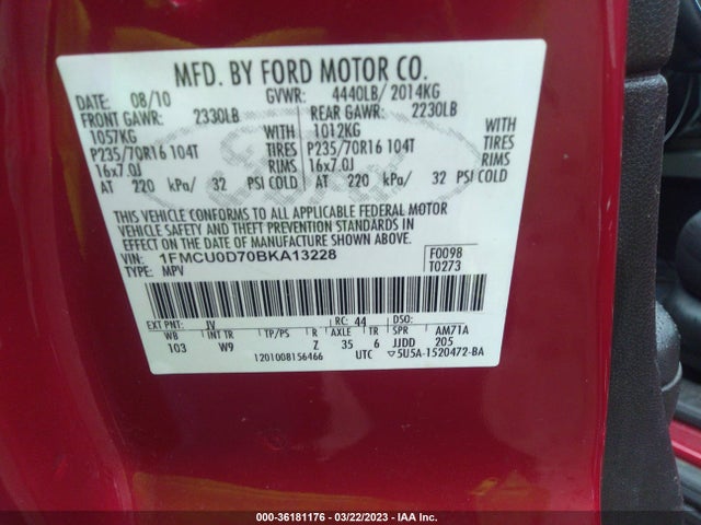2011 FORD ESCAPE XLT VIN: 1FMCU0D70BKA13228