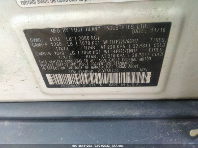 4S4BRBCC1B3365770 Subaru Outback 2.5i Prem Awp