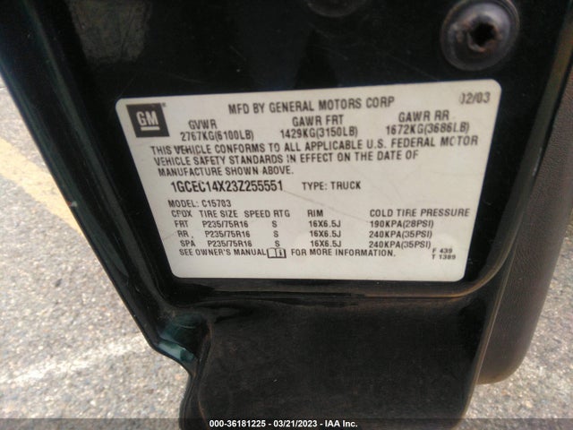 2003 CHEVROLET SILVERADO 1500 VIN: 1GCEC14X23Z255551