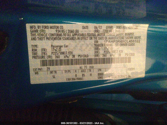 2012 FORD FOCUS ELECTRIC VIN: 1FAHP3R4XCL458322