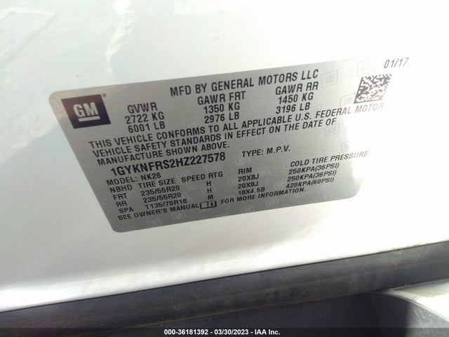 1GYKNFRS2HZ227578 Cadillac Xt5 Platinum Awd