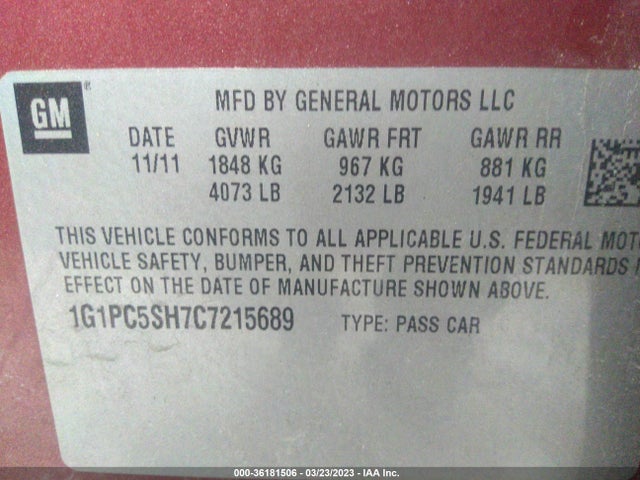 2012 CHEVROLET CRUZE LS VIN: 1G1PC5SH7C7215689