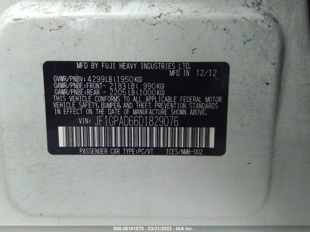 2013 SUBARU IMPREZA WAGON 2.0I PREMIUM VIN: JF1GPAD66D1829076