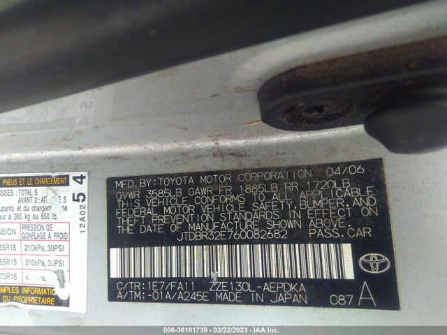 2006 TOYOTA COROLLA CE/LE VIN: JTDBR32E760082682
