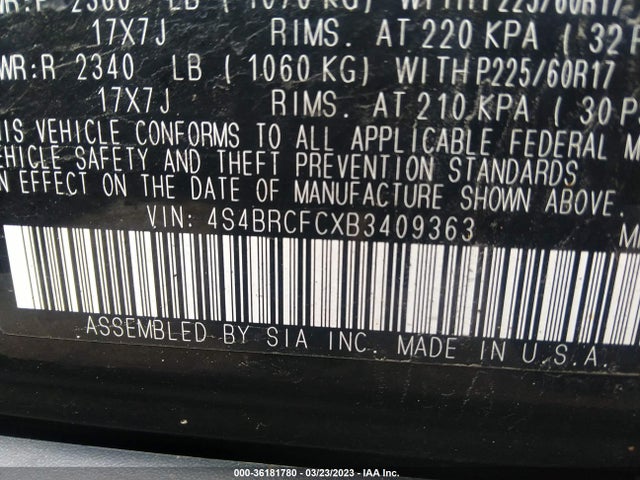 2011 SUBARU OUTBACK 2.5I PREM AWP/HK AUD VIN: 4S4BRCFCXB3409363