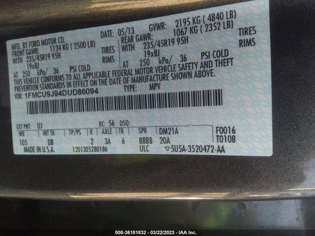 2013 FORD ESCAPE TITANIUM VIN: 1FMCU9J94DUD86094