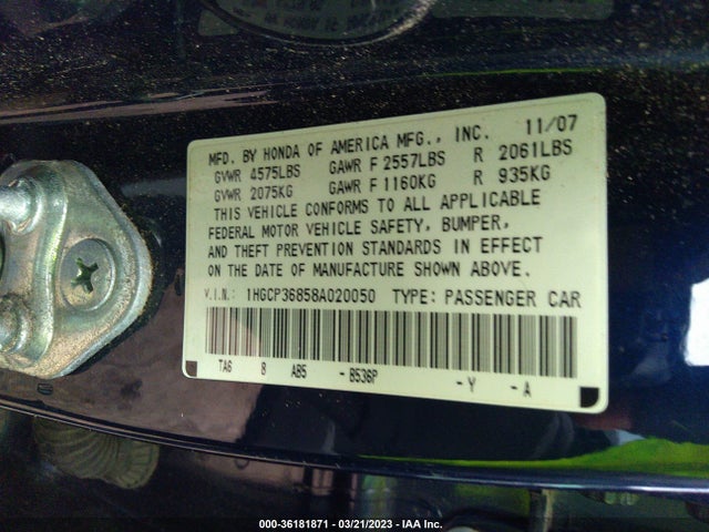 2008 HONDA ACCORD SDN EX-L VIN: 1HGCP36858A020050
