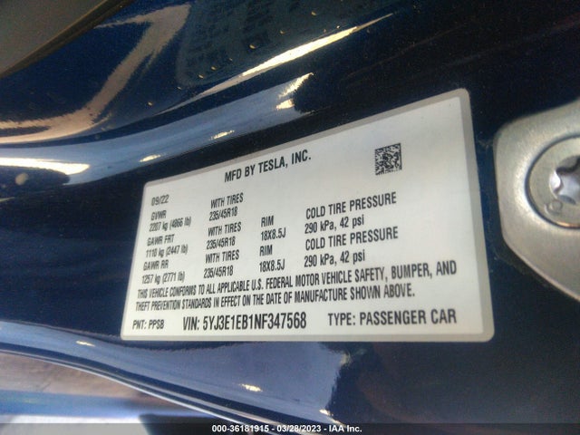 Tesla Model 3 Long Range 2022 5YJ3E1EB1NF347568 Image 10