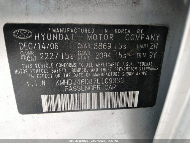 2007 HYUNDAI ELANTRA GLS/SE/LTD VIN: KMHDU46D37U109333