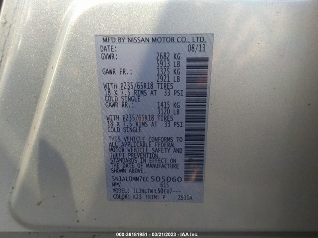 2014 INFINITI QX60 VIN: 5N1AL0MM7EC505060