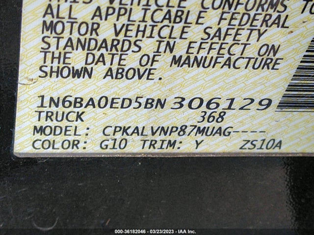2011 NISSAN TITAN SL VIN: 1N6BA0ED5BN306129
