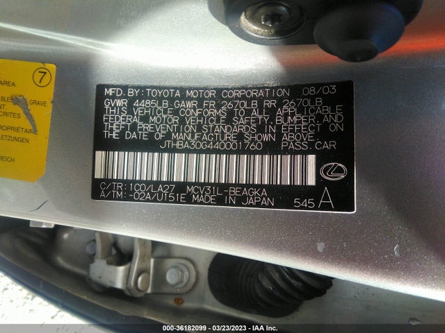 2004 LEXUS ES 330 VIN: JTHBA30G440001760