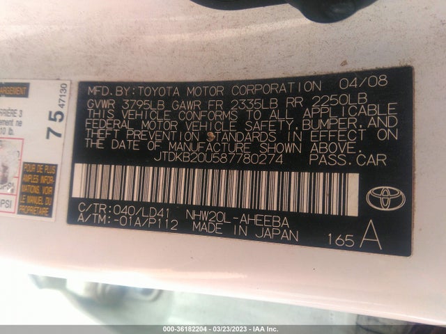 2008 TOYOTA PRIUS VIN: JTDKB20U587780274