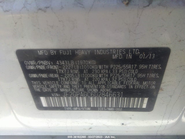 2013 SUBARU XV CROSSTREK LIMITED VIN: JF2GPAGC6D2846631