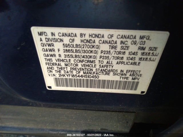 2004 HONDA PILOT EX VIN: 2HKYF18544H510450