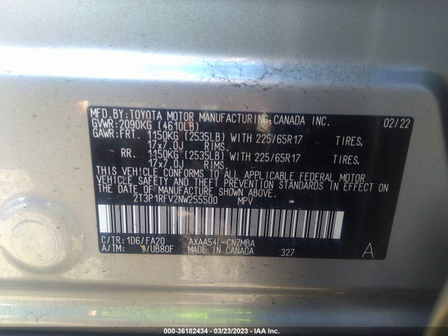 2022 TOYOTA RAV4 XLE VIN: 2T3P1RFV2NW255500