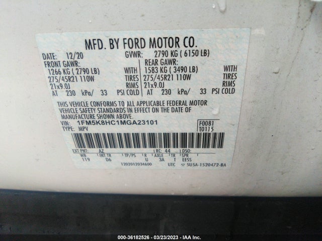 2021 FORD EXPLORER PLATINUM VIN: 1FM5K8HC1MGA23101