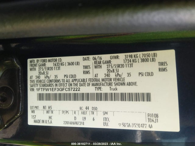 2016 FORD F-150 XLT/XL/LARIAT/PLATINUM VIN: 1FTFW1EF3GFC57222