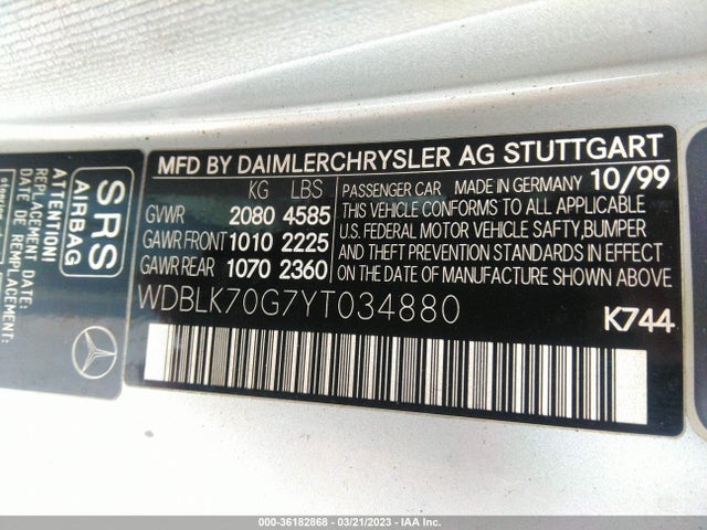 2000 MERCEDES-BENZ CLK-CLASS VIN: WDBLK70G7YT034880