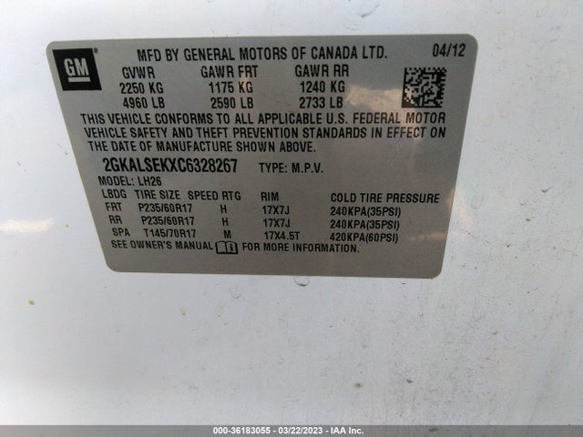 2012 GMC TERRAIN SLE-2 VIN: 2GKALSEKXC6328267