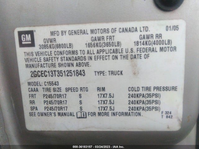 2005 CHEVROLET SILVERADO 1500 LS VIN: 2GCEC13T351251843