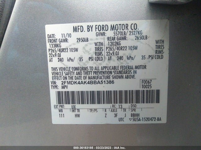 2011 FORD EDGE SPORT VIN: 2FMDK4AK4BBA51386