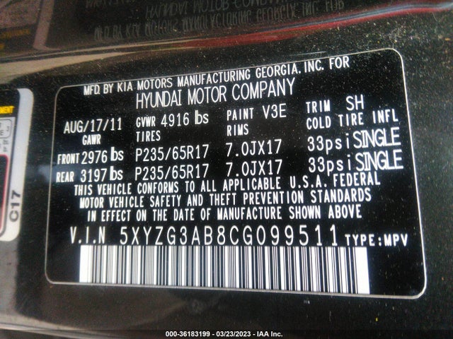 2012 HYUNDAI SANTA FE GLS VIN: 5XYZG3AB8CG099511