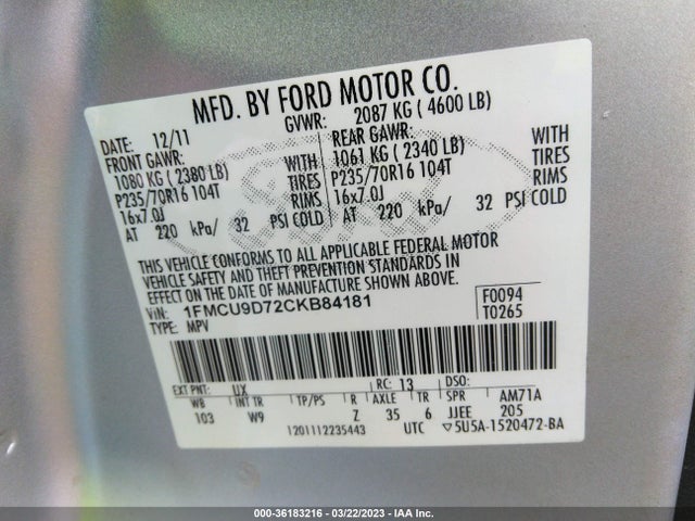 2012 FORD ESCAPE XLT VIN: 1FMCU9D72CKB84181