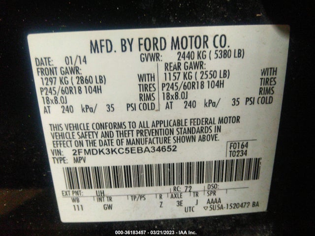 2014 FORD EDGE LIMITED VIN: 2FMDK3KC5EBA34652