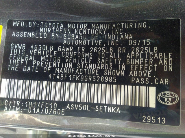 2016 TOYOTA CAMRY XLE/SE/LE/XSE VIN: 4T4BF1FK9GR528985