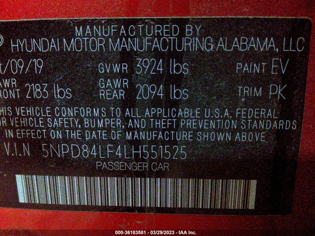 2020 HYUNDAI ELANTRA SEL VIN: 5NPD84LF4LH551525