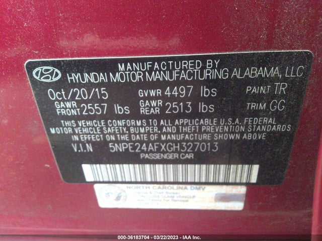 2016 HYUNDAI SONATA 2.4L SE VIN: 5NPE24AFXGH327013