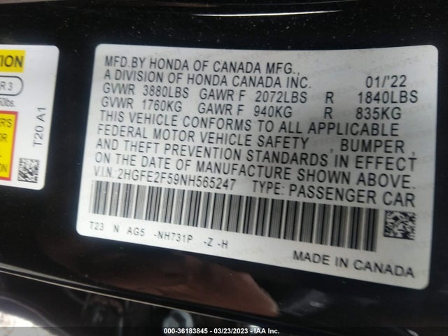 Honda k20c2 2022 2HGFE2F59NH565247 Image 27