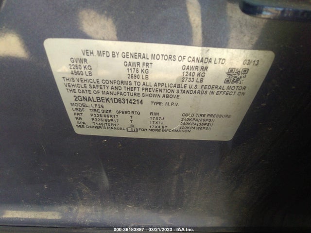 2013 CHEVROLET EQUINOX LS VIN: 2GNALBEK1D6314214