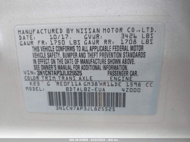 3N1CN7AP3JL825525 Nissan Versa Sedan Sv