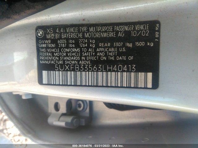 2003 BMW X5 4.4I VIN: 5UXFB33563LH40413
