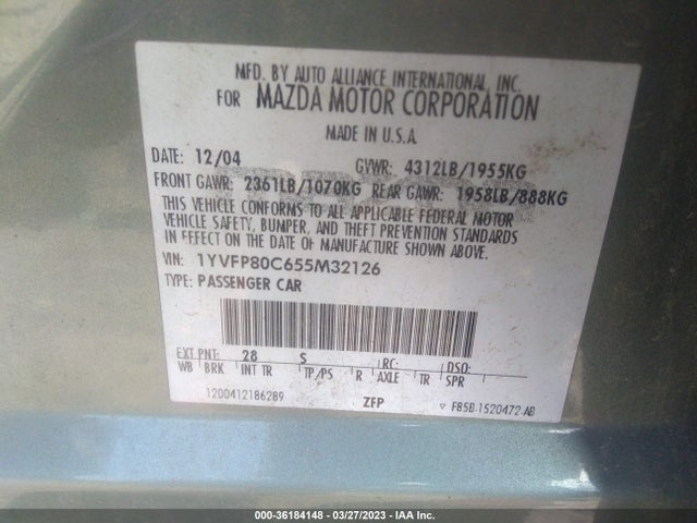 2005 MAZDA MAZDA6 I VIN: 1YVFP80C655M32126