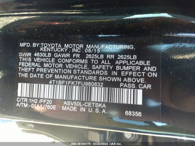 2015 TOYOTA CAMRY XLE/SE/LE/XSE VIN: 4T1BF1FK7FU980832