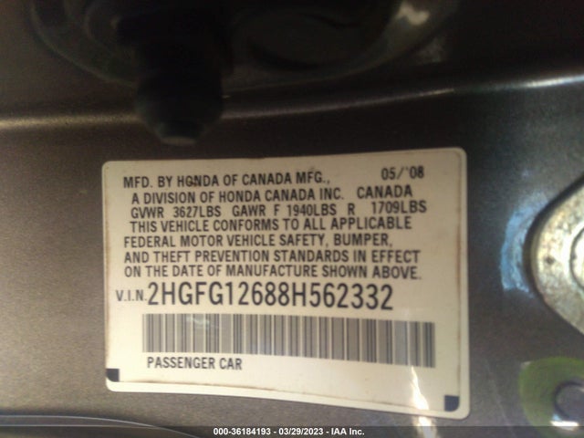 Aukcja sprzedaży 2008 Honda Civic Cpe Lx, vin: 2HGFG12688H562332, numer aukcji: 36184193