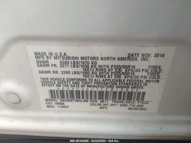 4A4AP3AU7FE018034 Mitsubishi Outlander Sport Es