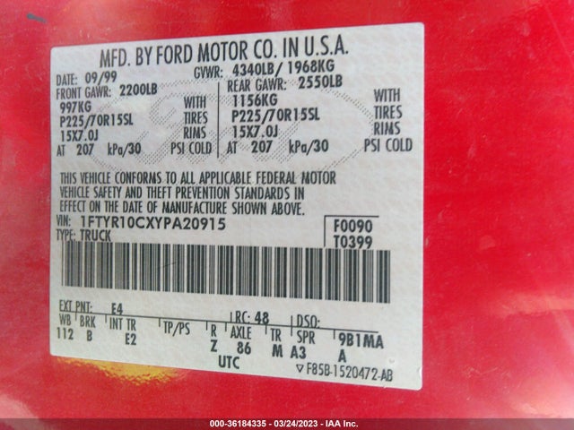 2000 FORD RANGER XL/XLT VIN: 1FTYR10CXYPA20915