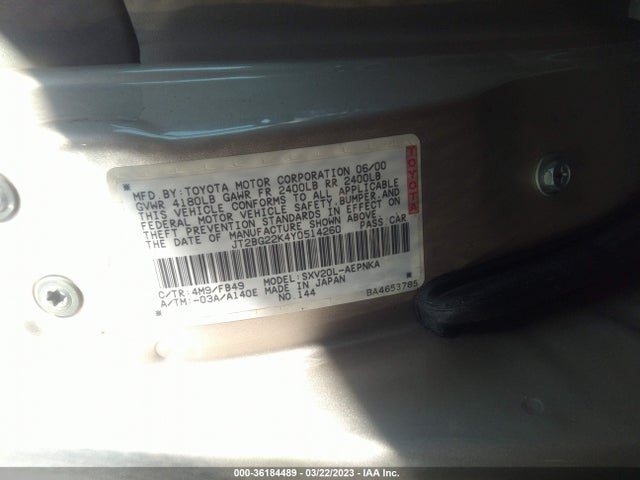 Aukcja sprzedaży 2000 Toyota Camry Ce/le/xle, vin: JT2BG22K4Y0514260, numer aukcji: 36184489