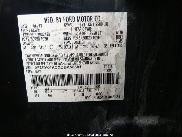 2013 FORD EDGE LIMITED VIN: 2FMDK4KCXDBA58501